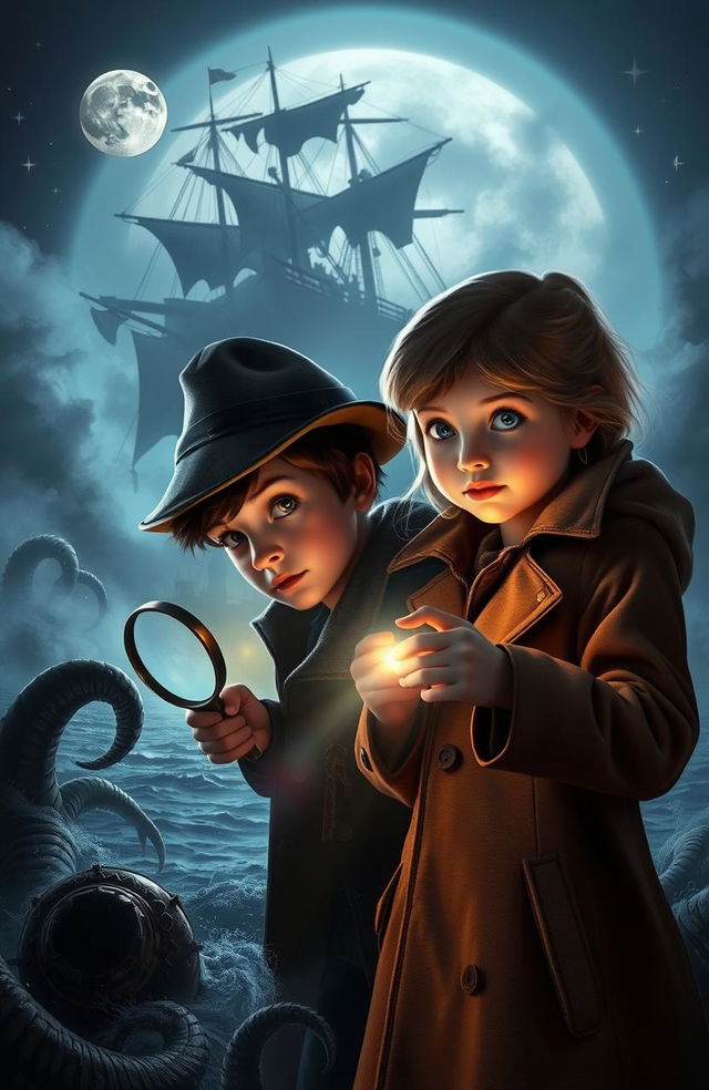 A captivating scene depicting a young detective duo, a boy and a girl, investigating the mystery of a ghost ship