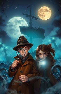 A captivating scene depicting a young detective duo, a boy and a girl, investigating the mystery of a ghost ship