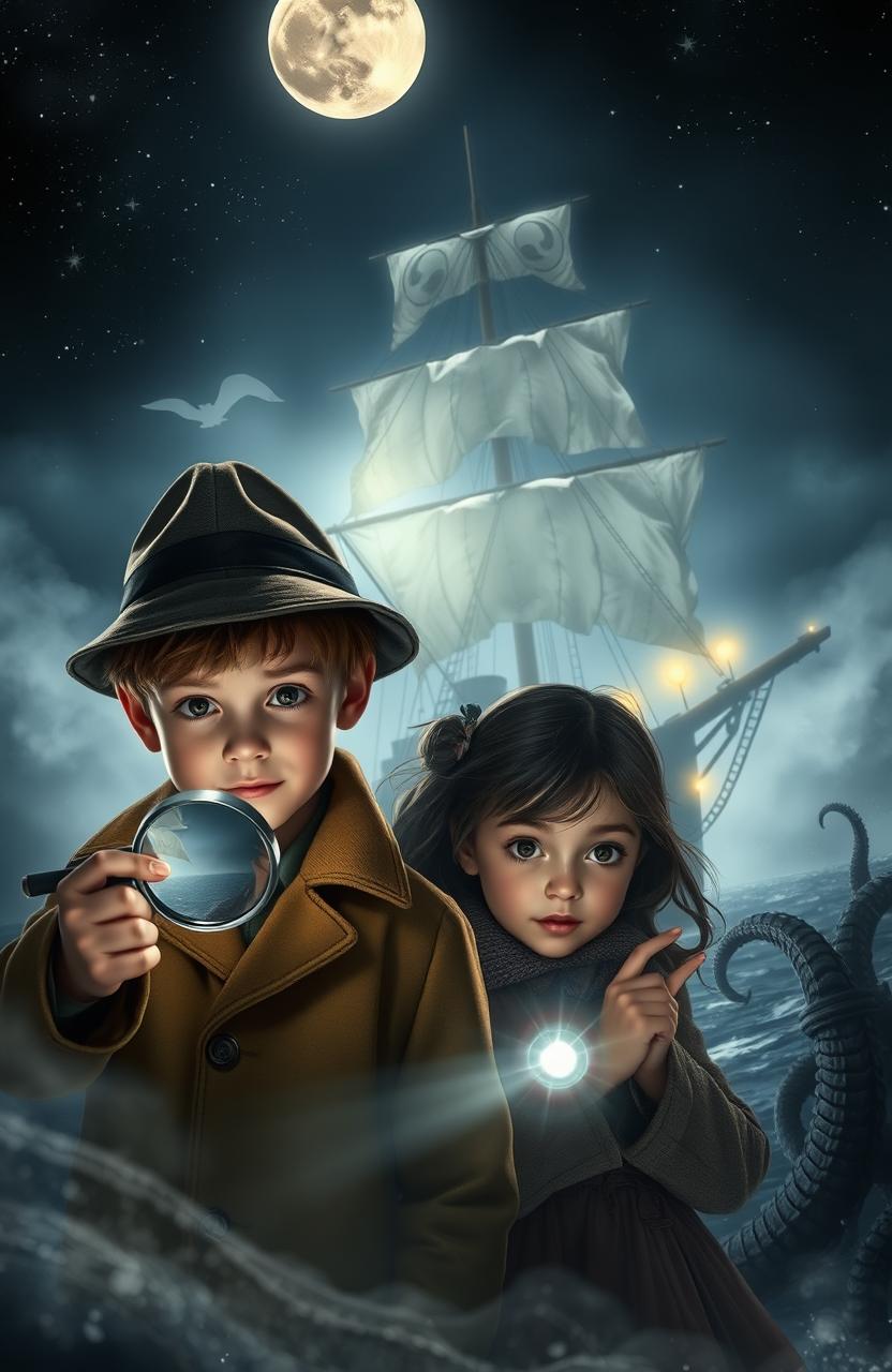 A captivating scene depicting a young detective duo, a boy and a girl, investigating the mystery of a ghost ship