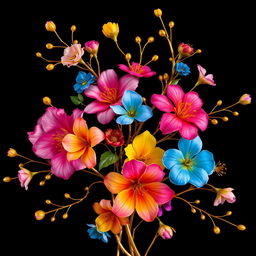 An exquisite artistic display of colorful flowers intertwined with elegant gold branches against a dark background