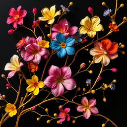 An exquisite artistic display of colorful flowers intertwined with elegant gold branches against a dark background