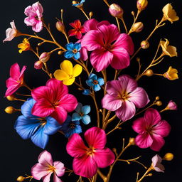 An exquisite artistic display of colorful flowers intertwined with elegant gold branches against a dark background