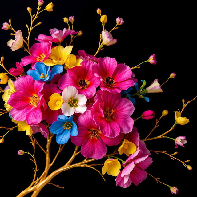 An exquisite artistic display of colorful flowers intertwined with elegant gold branches against a dark background