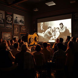 A cinematic scene featuring a diverse group of people gathered around a large, old-fashioned film projector in a dimly lit room