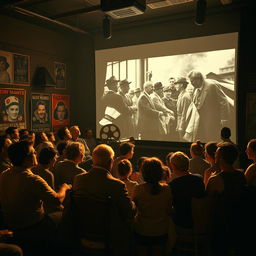 A cinematic scene featuring a diverse group of people gathered around a large, old-fashioned film projector in a dimly lit room