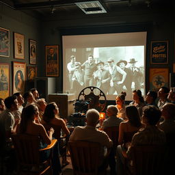 A cinematic scene featuring a diverse group of people gathered around a large, old-fashioned film projector in a dimly lit room