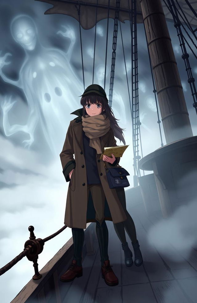 A dynamic anime scene featuring a detective boy and girl on an eerie ghost ship, shrouded in mist