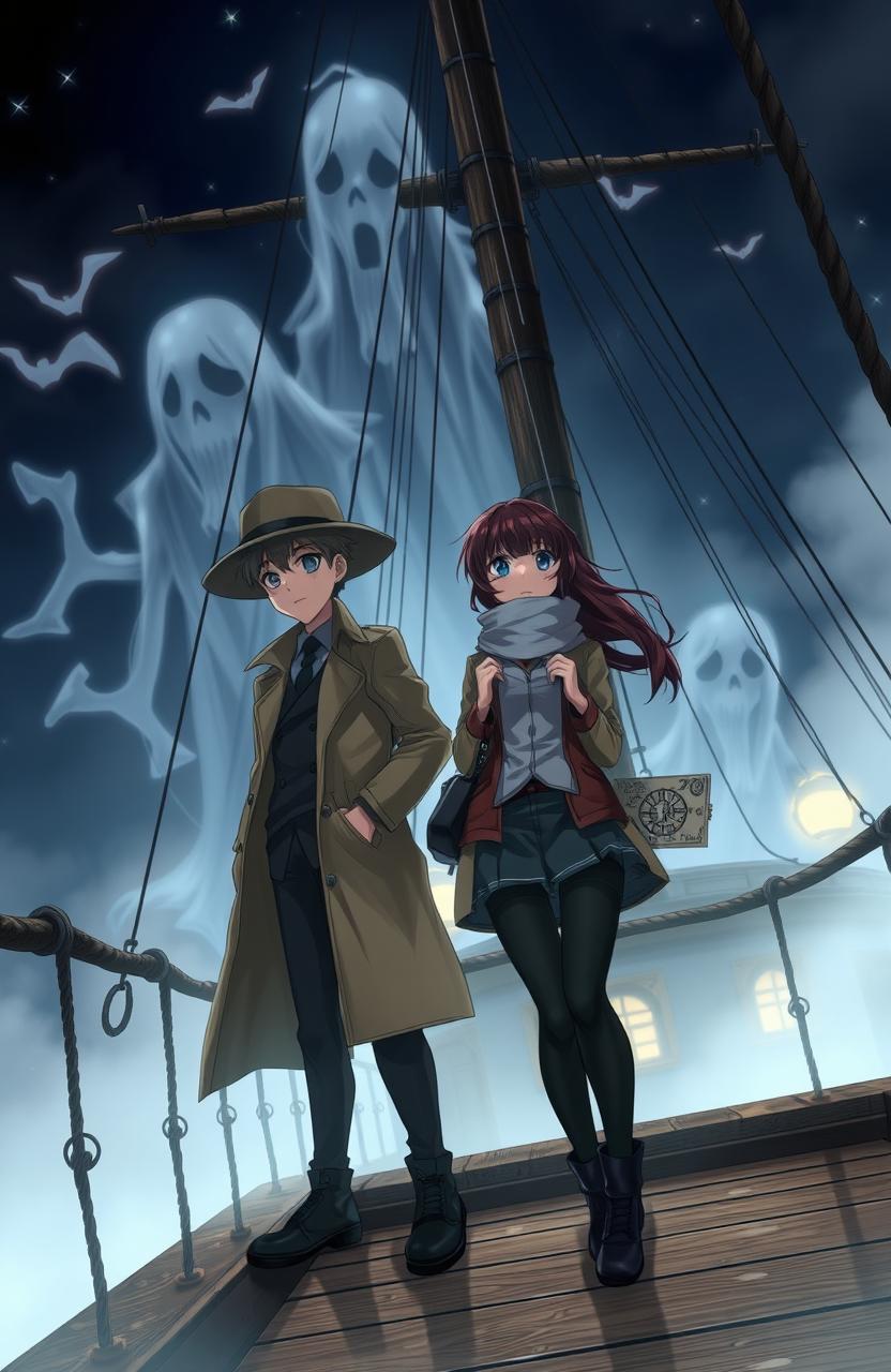 A dynamic anime scene featuring a detective boy and girl on an eerie ghost ship, shrouded in mist