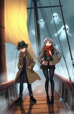 A dynamic anime scene featuring a detective boy and girl on an eerie ghost ship, shrouded in mist