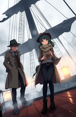 A dynamic anime scene featuring a detective boy and girl on an eerie ghost ship, shrouded in mist