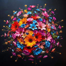 An explosive and vibrant arrangement of colorful flowers mixed with elegant gold branches, set against a deep, dark background