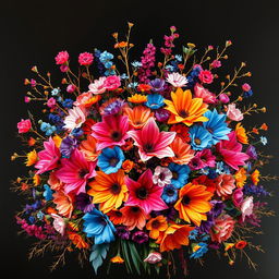 An explosive and vibrant arrangement of colorful flowers mixed with elegant gold branches, set against a deep, dark background