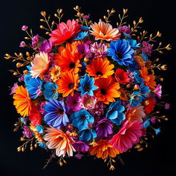 An explosive and vibrant arrangement of colorful flowers mixed with elegant gold branches, set against a deep, dark background