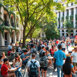 A vibrant college campus scene with students engaged in various activities, such as studying under trees, chatting at a café terrace, and participating in a lively outdoor event