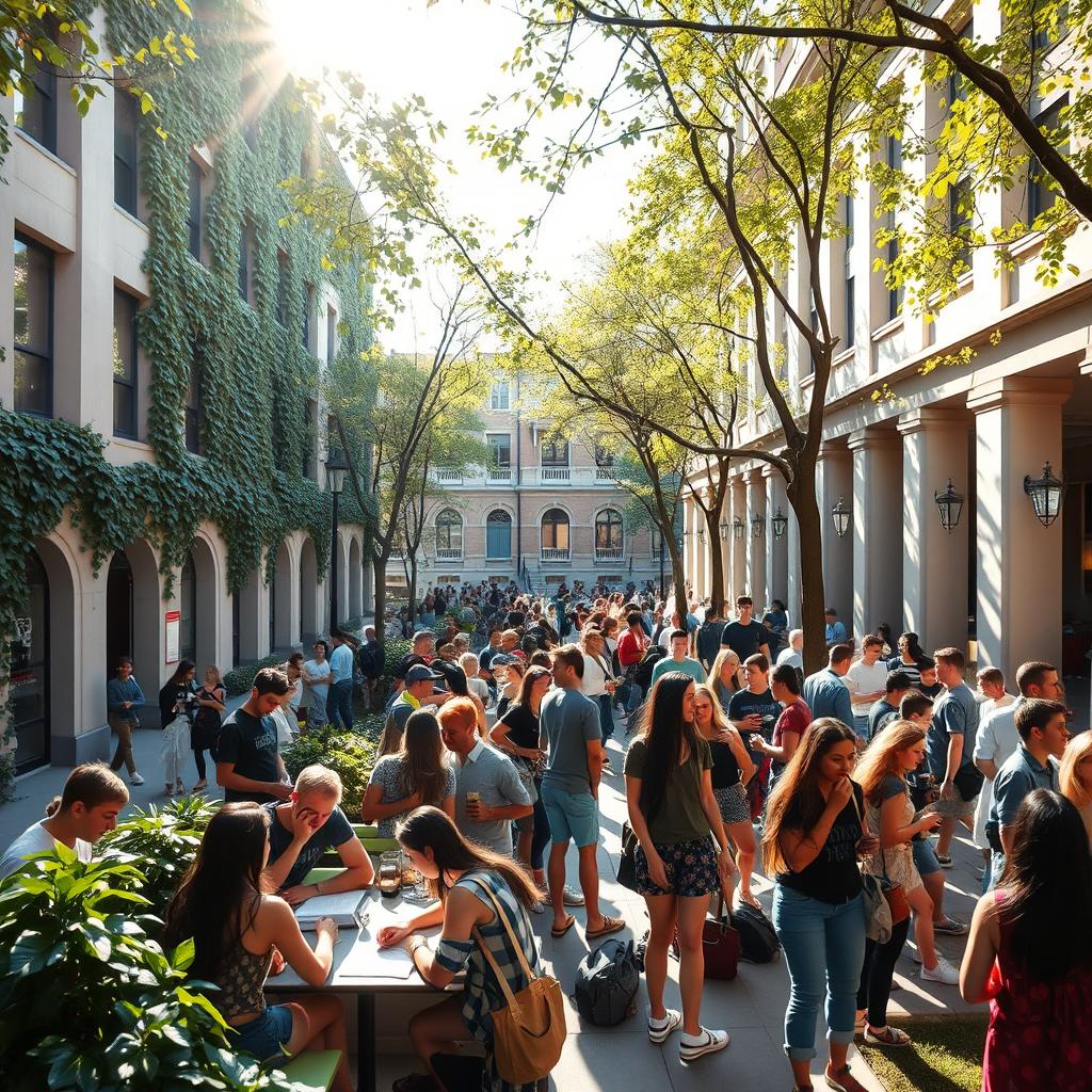 A vibrant college campus scene with students engaged in various activities, such as studying under trees, chatting at a café terrace, and participating in a lively outdoor event