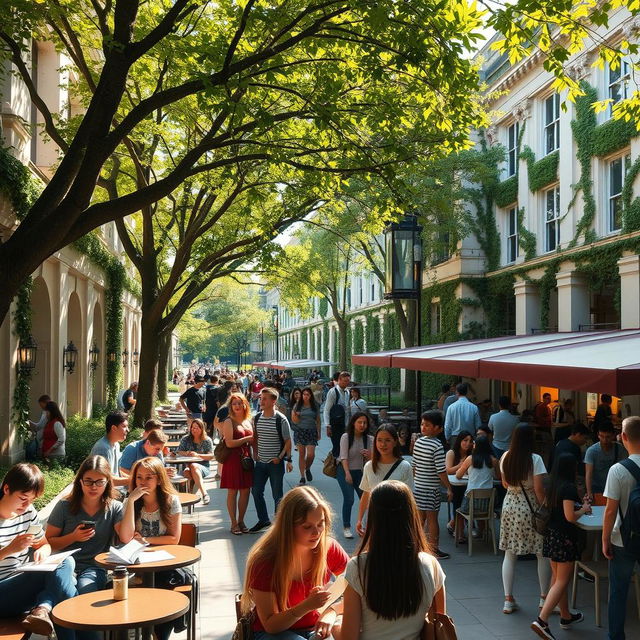 A vibrant college campus scene with students engaged in various activities, such as studying under trees, chatting at a café terrace, and participating in a lively outdoor event