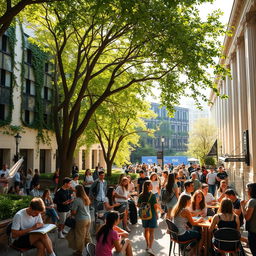 A vibrant college campus scene with students engaged in various activities, such as studying under trees, chatting at a café terrace, and participating in a lively outdoor event