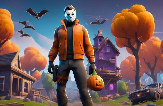 Michael Myers from Halloween, standing ominously in the vibrant and dynamic Fortnite universe