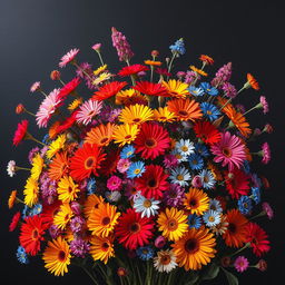 An explosive and vibrant display of colorful flowers set against a dark background
