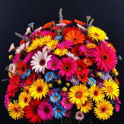 An explosive and vibrant display of colorful flowers set against a dark background