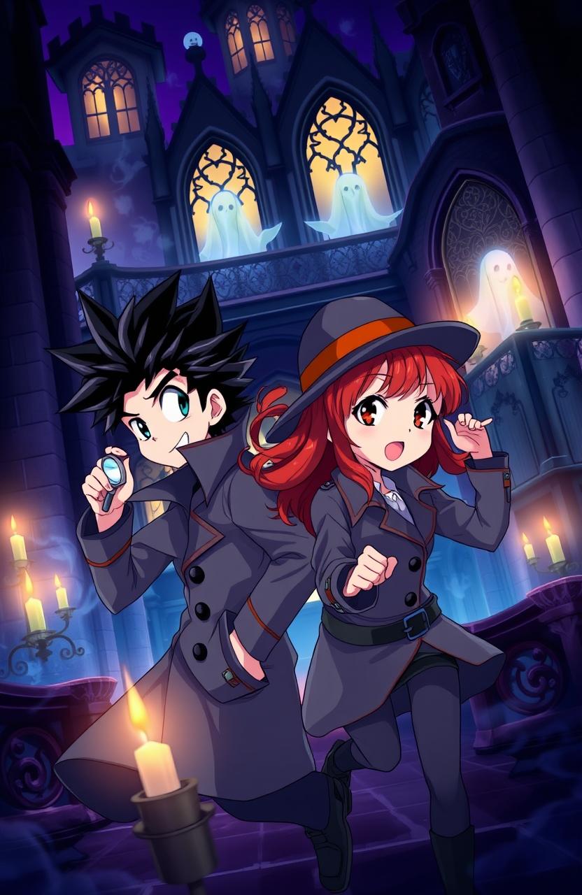 A dynamic scene featuring an anime-style detective boy and girl exploring a haunted villa