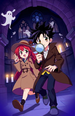 A dynamic scene featuring an anime-style detective boy and girl exploring a haunted villa