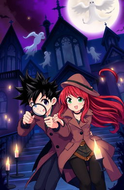A dynamic scene featuring an anime-style detective boy and girl exploring a haunted villa