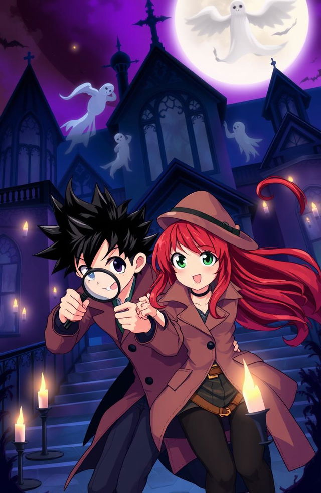 A dynamic scene featuring an anime-style detective boy and girl exploring a haunted villa