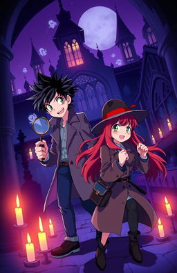 A dynamic scene featuring an anime-style detective boy and girl exploring a haunted villa
