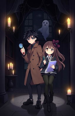 An anime-style illustration featuring a detective duo, a boy and a girl both aged 18, exploring a spooky haunted villa