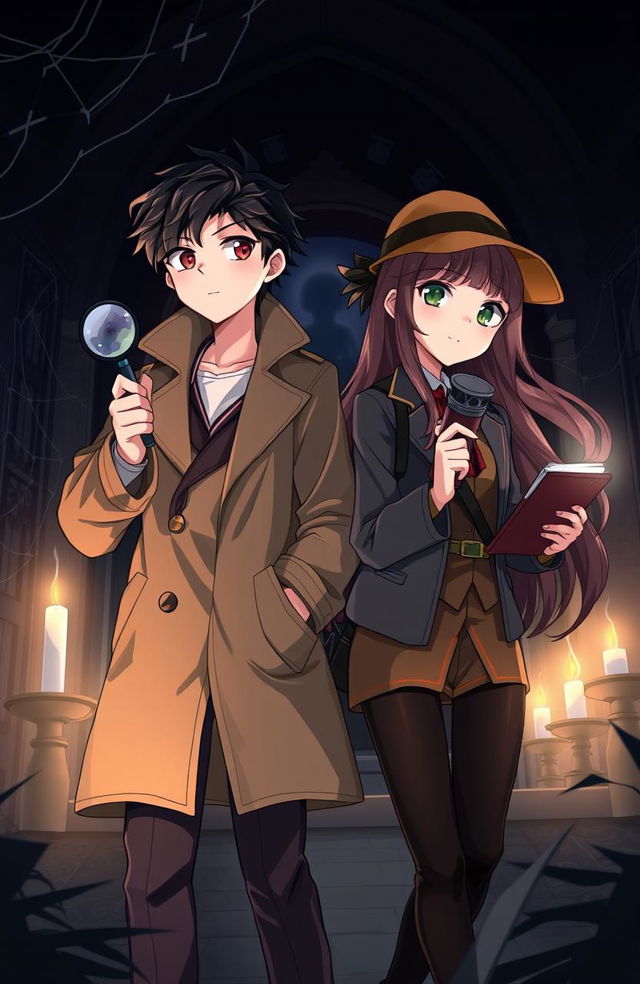 An anime-style illustration featuring a detective duo, a boy and a girl both aged 18, exploring a spooky haunted villa