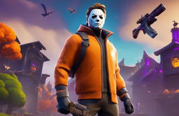 Michael Myers from Halloween, standing ominously in the vibrant and dynamic Fortnite universe