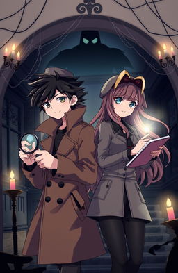 An anime-style illustration featuring a detective duo, a boy and a girl both aged 18, exploring a spooky haunted villa