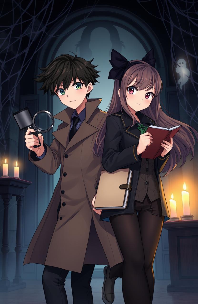 An anime-style illustration featuring a detective duo, a boy and a girl both aged 18, exploring a spooky haunted villa