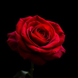 A stunning, vibrant rose in deep red color, with lush, velvety petals and intricate details, set against a stark, dark background that enhances the rose's beauty and richness
