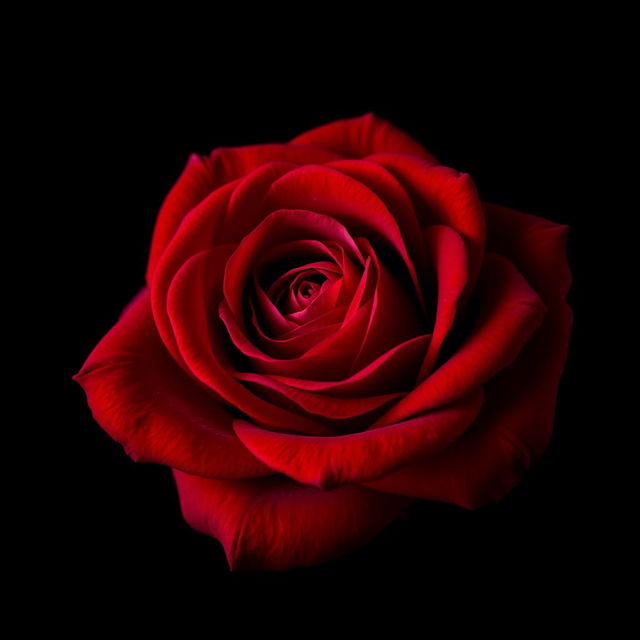 A stunning, vibrant rose in deep red color, with lush, velvety petals and intricate details, set against a stark, dark background that enhances the rose's beauty and richness