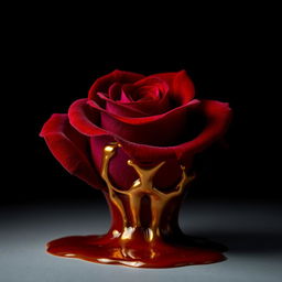 A striking image of a deep red rose with velvety petals, set against a dark background