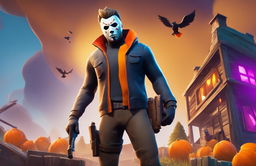 Michael Myers from Halloween, standing ominously in the vibrant and dynamic Fortnite universe