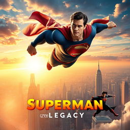An epic scene showcasing Superman soaring through a vibrant sky, his iconic blue and red costume billowing in the wind