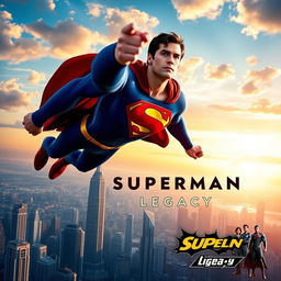 An epic scene showcasing Superman soaring through a vibrant sky, his iconic blue and red costume billowing in the wind