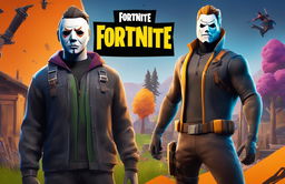 Michael Myers from Halloween, standing ominously in the vibrant and dynamic Fortnite universe