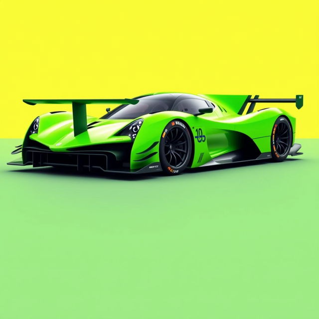 A vibrant bright green Le Mans Hypercar designed according to modern LMh rules, resembling the sleek contours of a Jesko Absolute