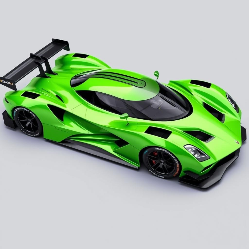 A vibrant bright green Le Mans Hypercar designed according to modern LMh rules, resembling the sleek contours of a Jesko Absolute