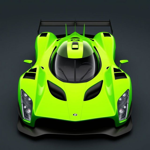 A vibrant bright green Le Mans Hypercar designed according to modern LMh rules, resembling the sleek contours of a Jesko Absolute