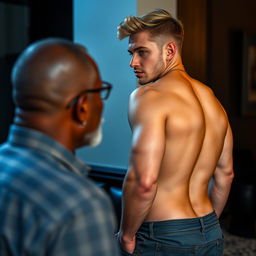 A tall, attractive white male with a well-defined physique and an emphasis on a toned backside, exuding confidence and charisma