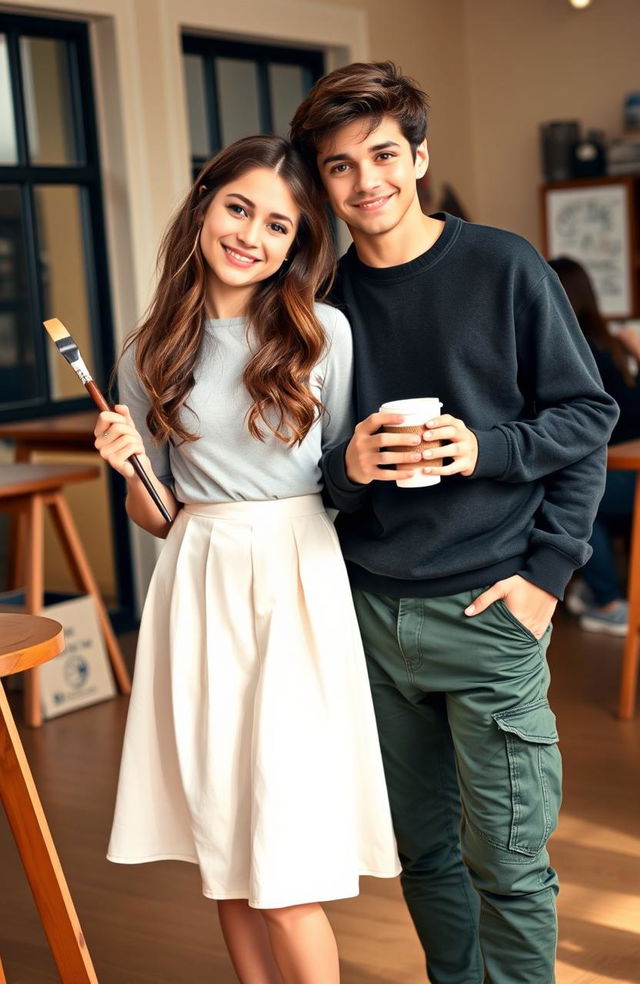 A 17-year-old girl with long, wavy brown hair and brown eyes, wearing a knee-length white skirt and white shoes, is smirking while holding a paintbrush