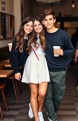 A 17-year-old girl with long, wavy brown hair and brown eyes, wearing a knee-length white skirt and white shoes, is smirking while holding a paintbrush