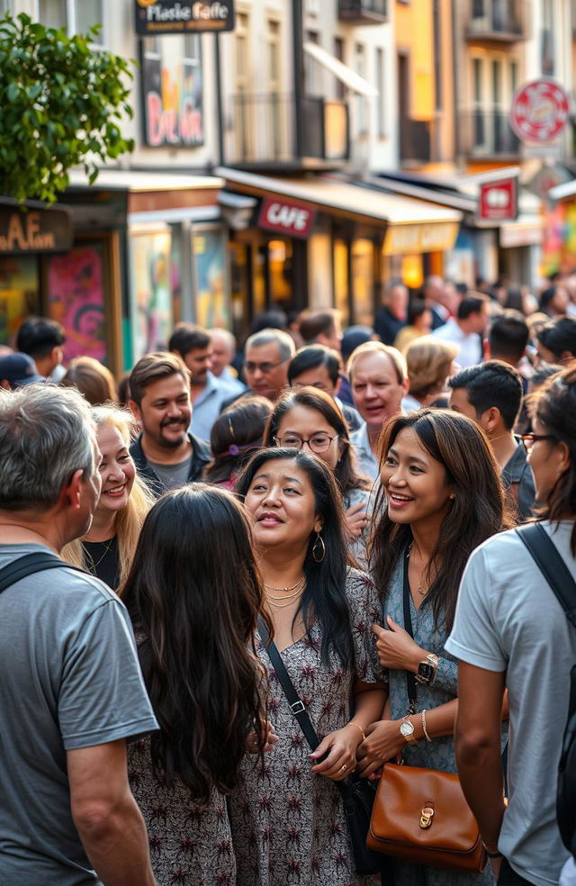 A diverse group of people engaged in various social behaviors within a lively urban setting