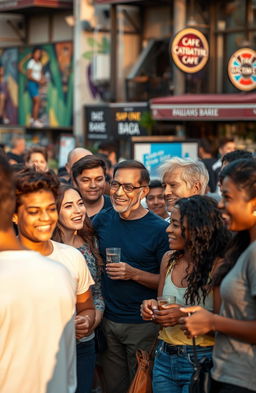 A diverse group of people engaged in various social behaviors within a lively urban setting