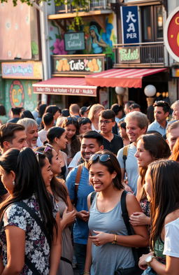 A diverse group of people engaged in various social behaviors within a lively urban setting